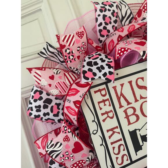 Leopard Valentines Day Mesh Ribbon Wreath, Kissing Booth Sign, Front Door Hanger - Picture 4 of 7